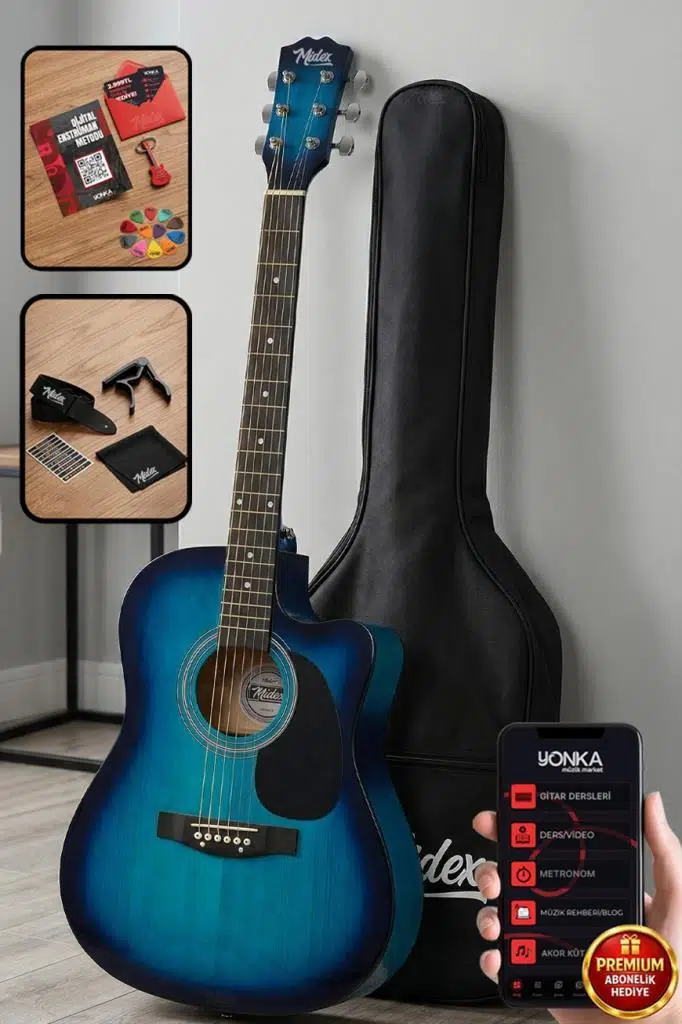 Midex RG-540BL Kaliteli Kesik Kasa Mavi 40 İnç Akustik Gitar Seti 4/4 Yetişkin