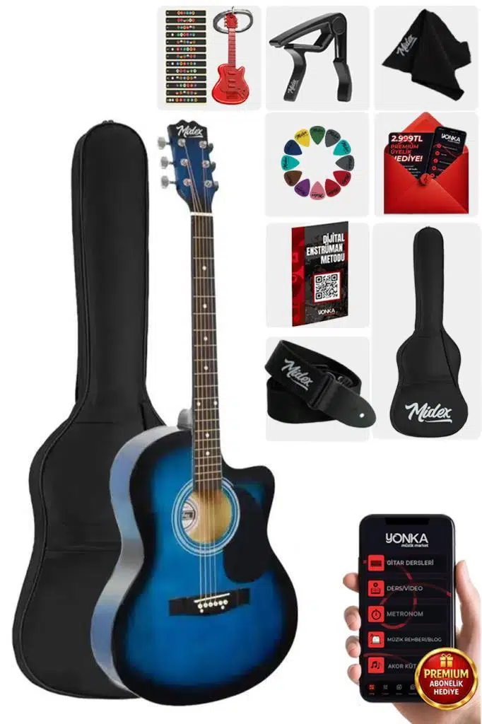 Midex RG-540BL Kaliteli Kesik Kasa Mavi 40 İnç Akustik Gitar Seti 4/4 Yetişkin