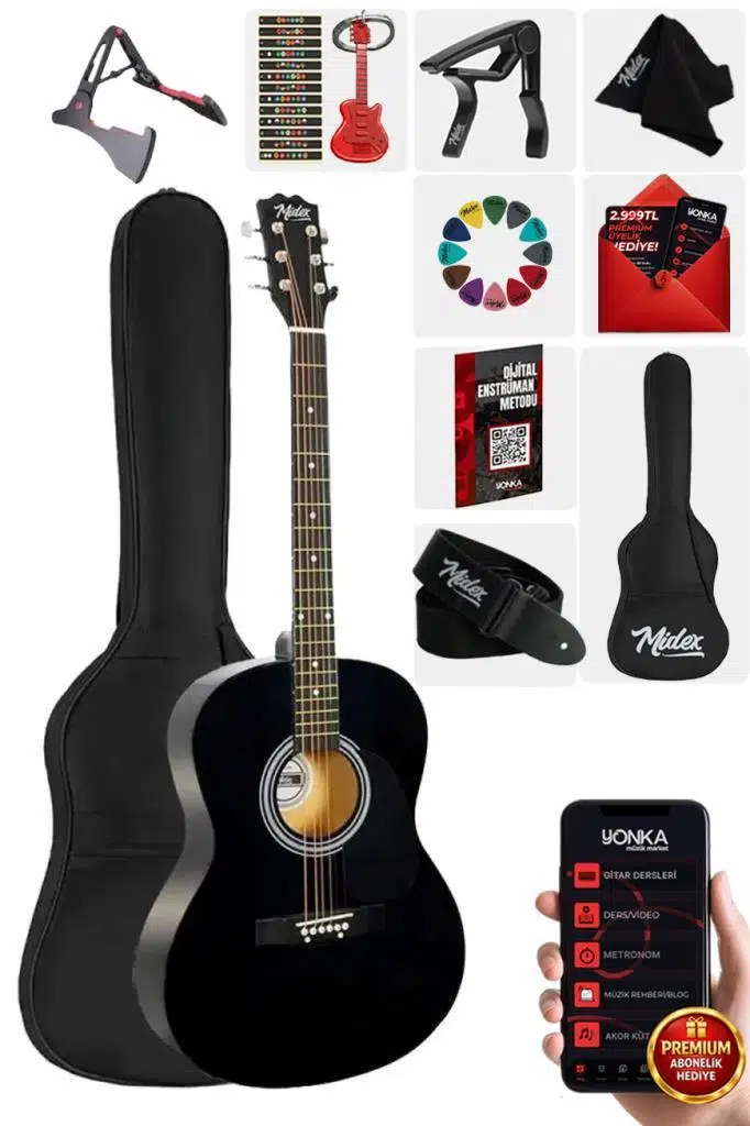 Midex RG-550BK Pack Kaliteli Siyah 40 İnç Akustik Gitar Seti 4/4 Yetişkin
