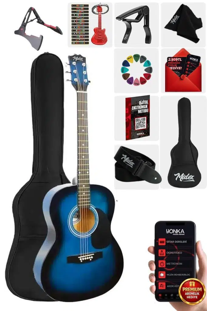Midex RG-550BL Pack Kaliteli Mavi 40 İnç Akustik Gitar Seti 4/4 Yetişkin