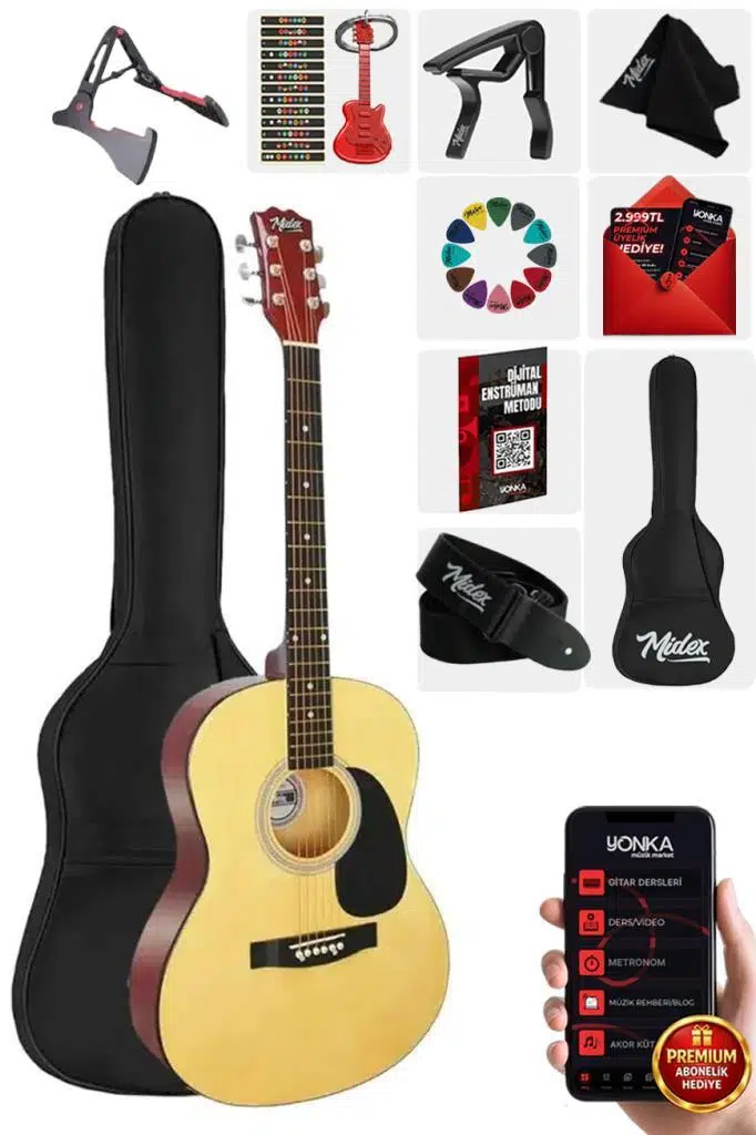 Midex RG-550NT Pack Kaliteli Natural 40 İnç Akustik Gitar Seti 4/4 Yetişkin