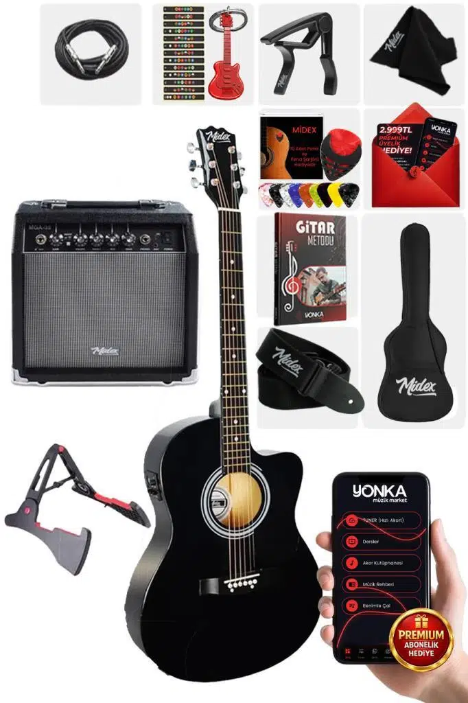 Midex RG-560BK-AMP Siyah Amfili Elektro Akustik Gitar Full Set