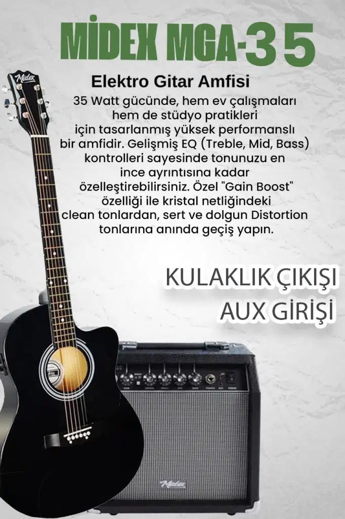 Midex RG-560BK-AMP Siyah Amfili Elektro Akustik Gitar Full Set