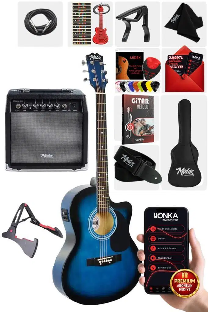 Midex RG-560BL-AMP Mavi Amfili Elektro Akustik Gitar Full Set