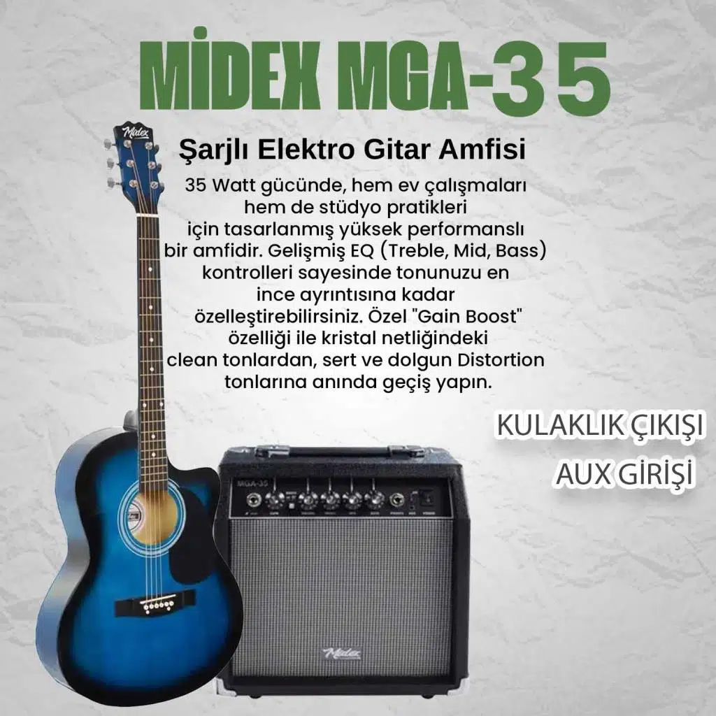Midex RG-560BL-AMP Mavi Amfili Elektro Akustik Gitar Full Set