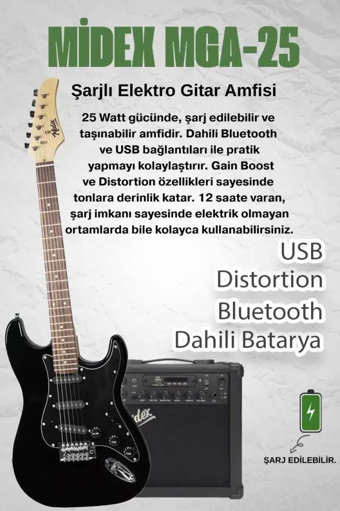 Midex RPH-30BK-25AMP Gül Klavye SSS 25W Amfili Elektro Gitar Seti