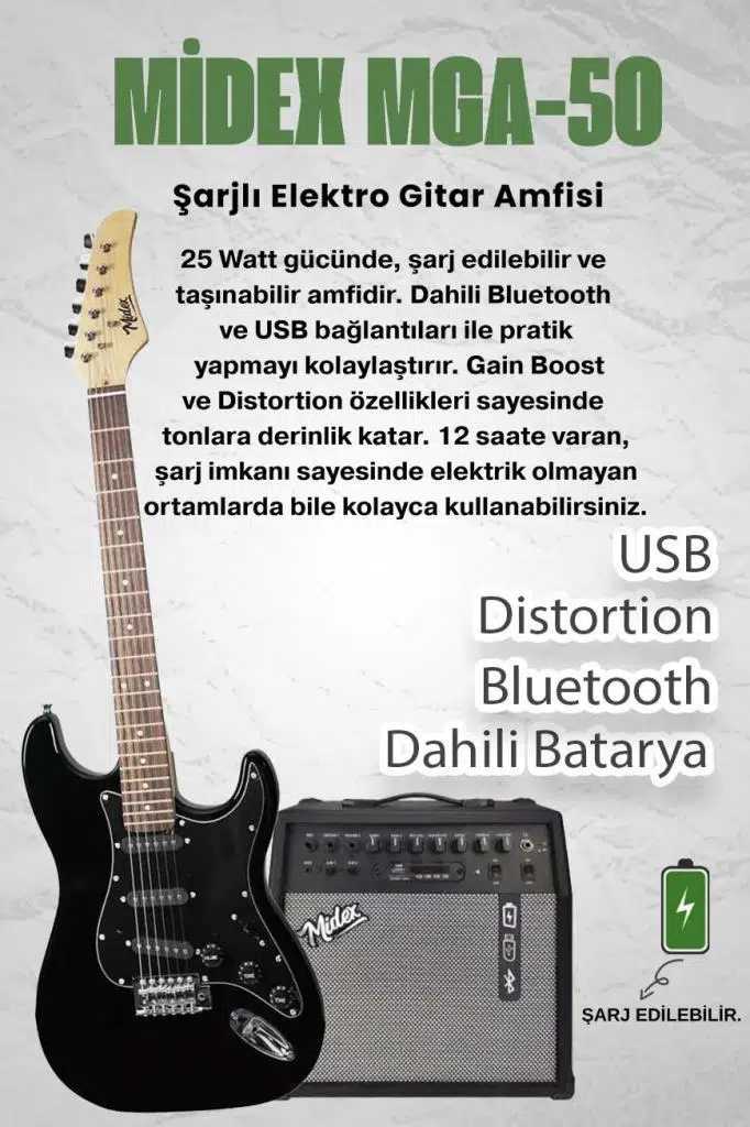 Midex RPH-30BK-50AMP Gül Klavye SSS 50W Amfili Elektro Gitar Seti