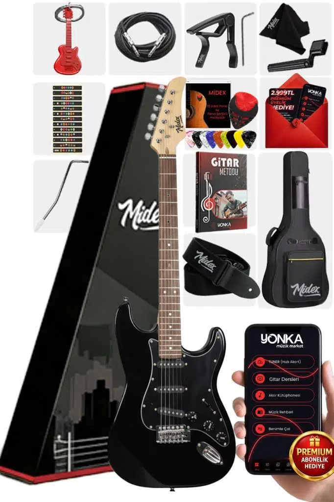 Midex RPH-30BK Gül Klavye Strat Kasa SSS Elektro Gitar Seti