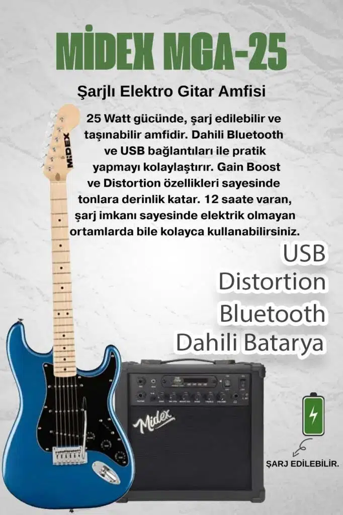 Midex RPH-30BL-25AMP Maple Klavye SSS 25W Amfili Elektro Gitar Seti