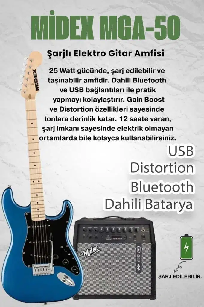Midex RPH-30BL-50AMP Maple Klavye SSS 50W Amfili Elektro Gitar Seti