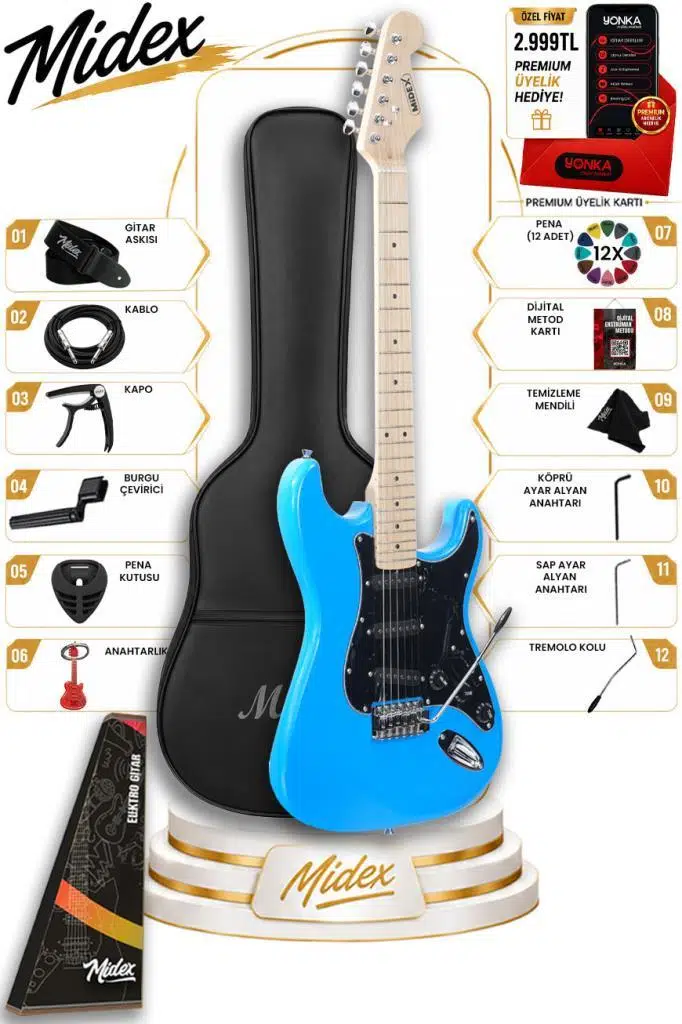 Midex RPH-30BL Maple Klavye Strat Kasa SSS Elektro Gitar Seti