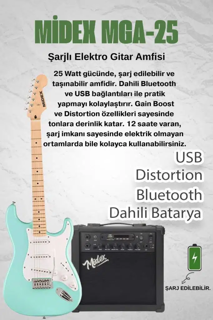Midex RPH-30GR-25AMP Maple Klavye SSS 25W Amfili Elektro Gitar Seti