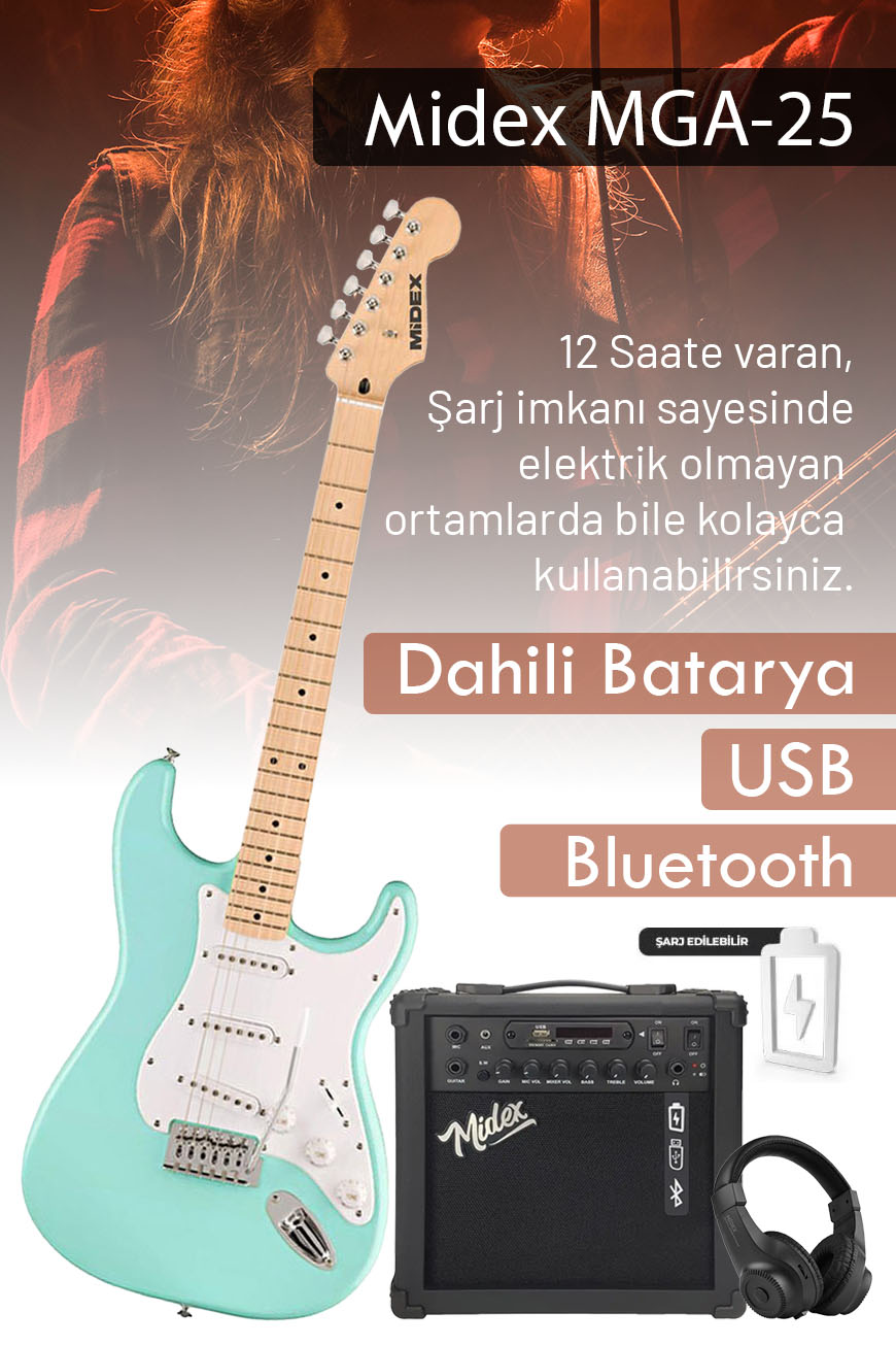 Midex RPH-30GR-25AMP Maple Klavye SSS 25W Amfili Elektro Gitar Seti