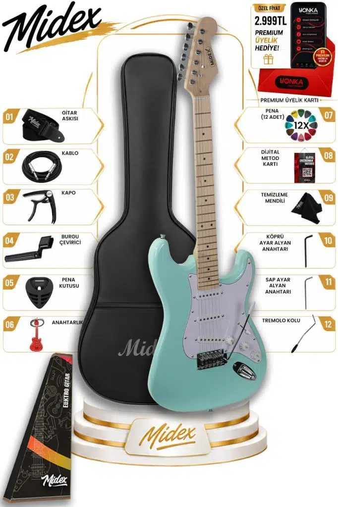 Midex RPH-30GR Maple Klavye Strat Kasa SSS Elektro Gitar Seti