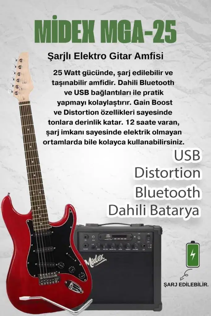 Midex RPH-30RD-25AMP Gül Klavye SSS 25W Amfili Elektro Gitar Seti