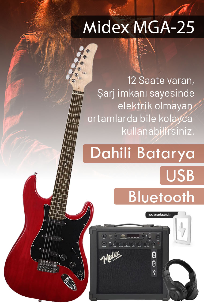 Midex RPH-30RD-25AMP Gül Klavye SSS 25W Amfili Elektro Gitar Seti