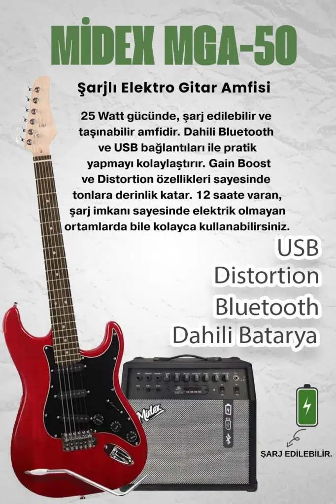 Midex RPH-30RD-50AMP Gül Klavye SSS 50W Amfili Elektro Gitar Seti