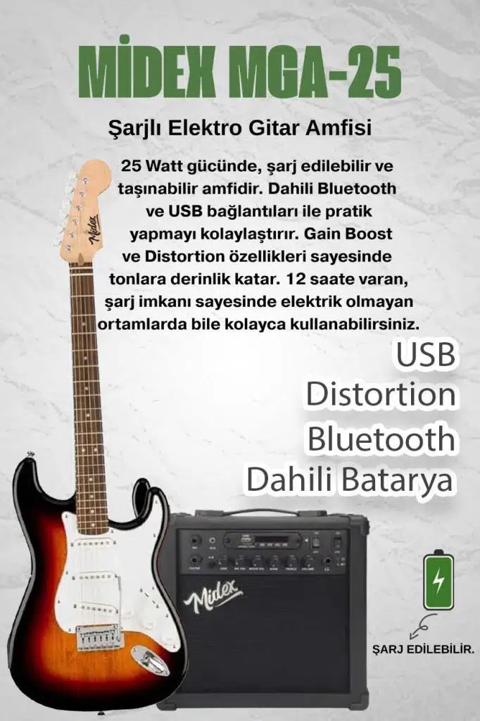 Midex RPH-30SB-25AMP Gül Klavye SSS 25W Amfili Elektro Gitar Seti