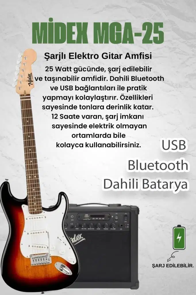 Midex RPH-30SB-25AMP Gül Klavye SSS 25W Amfili Elektro Gitar Seti