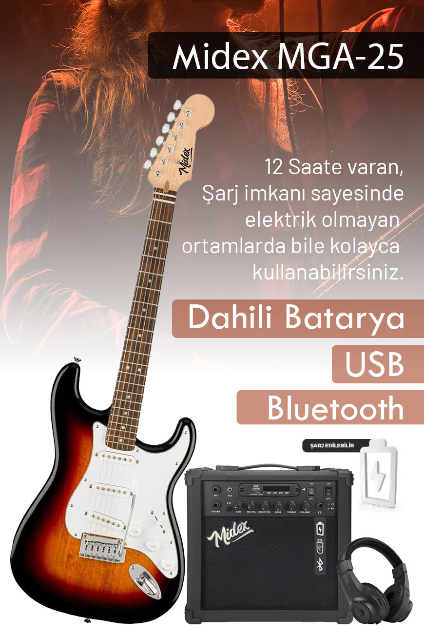 Midex RPH-30SB-25AMP Gül Klavye SSS 25W Amfili Elektro Gitar Seti