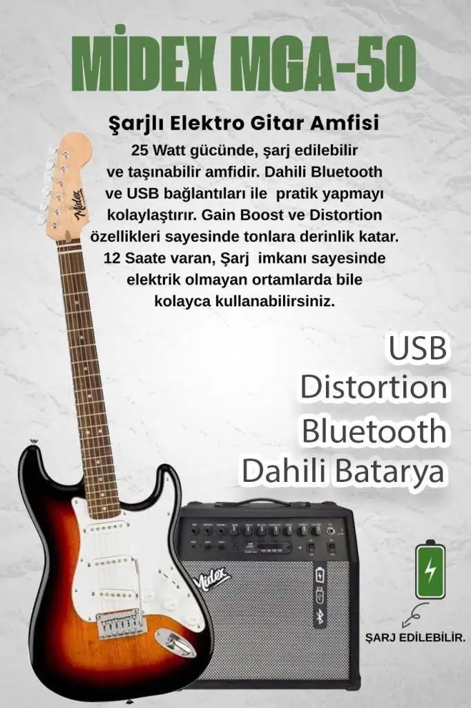 Midex RPH-30SB-50AMP Gül Klavye SSS 50W Amfili Elektro Gitar Seti