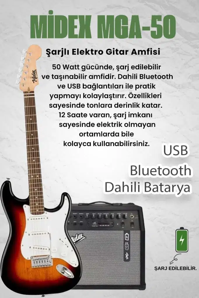 Midex RPH-30SB-50AMP Gül Klavye SSS 50W Amfili Elektro Gitar Seti