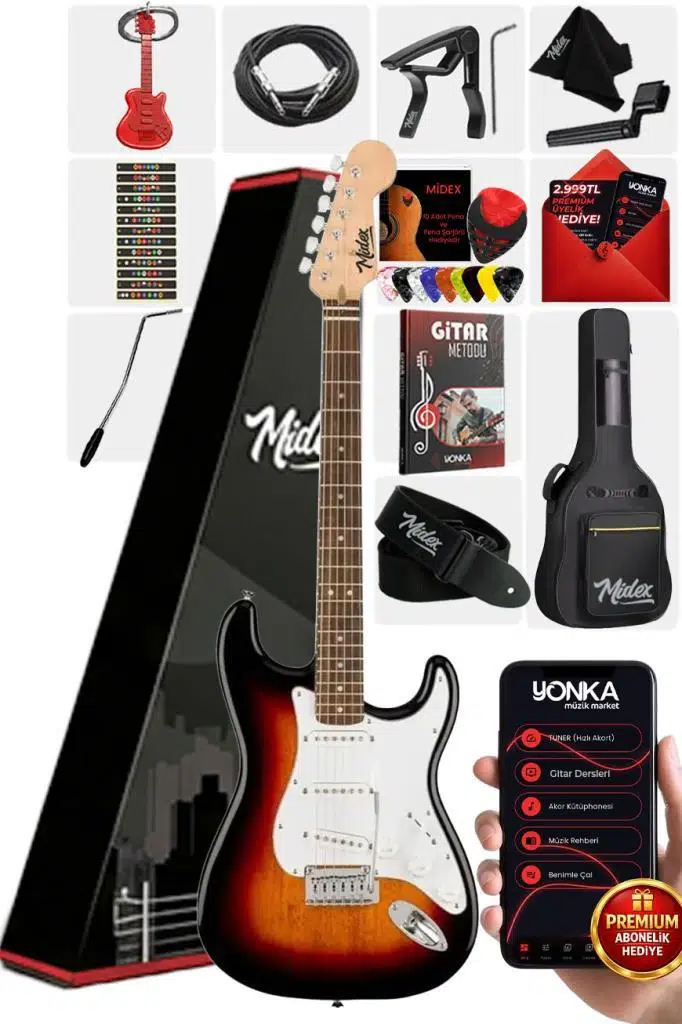 Midex RPH-30SB Gül Klavye Strat Kasa SSS Elektro Gitar Seti