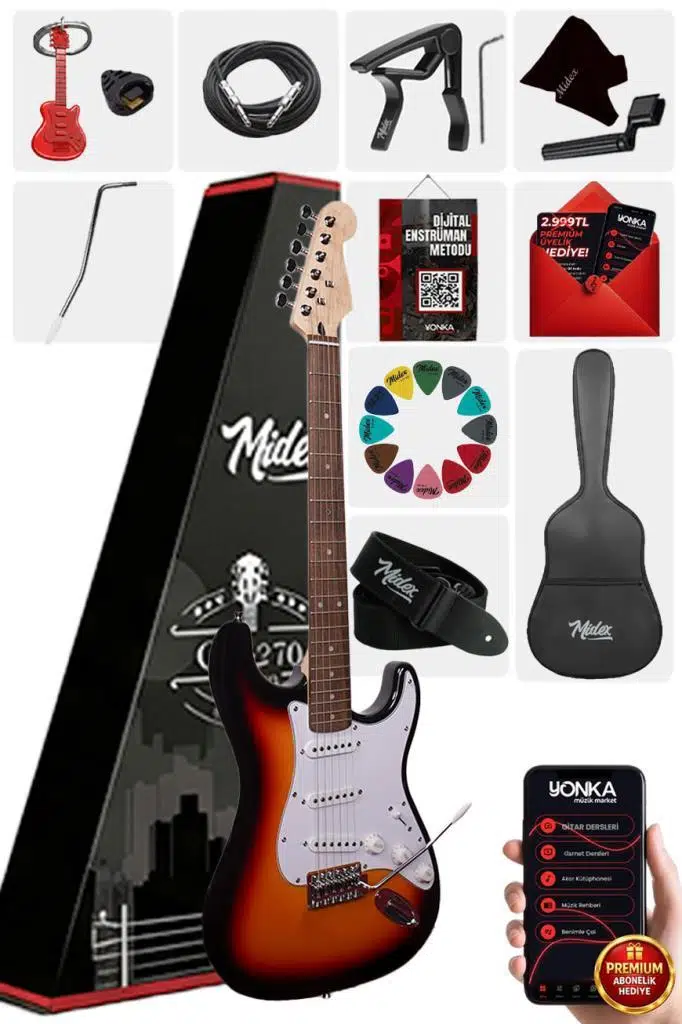 Midex RPH-30SB Gül Klavye Strat Kasa SSS Elektro Gitar Seti