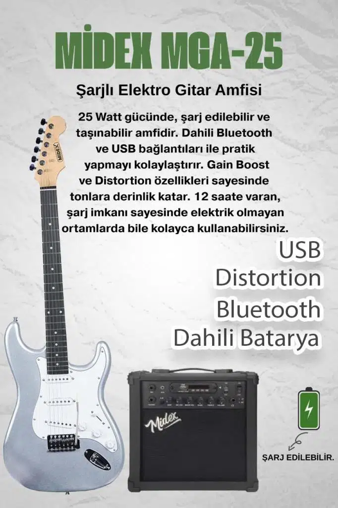 Midex RPH-30SL-25AMP Gül Klavye SSS 25W Amfili Elektro Gitar Seti