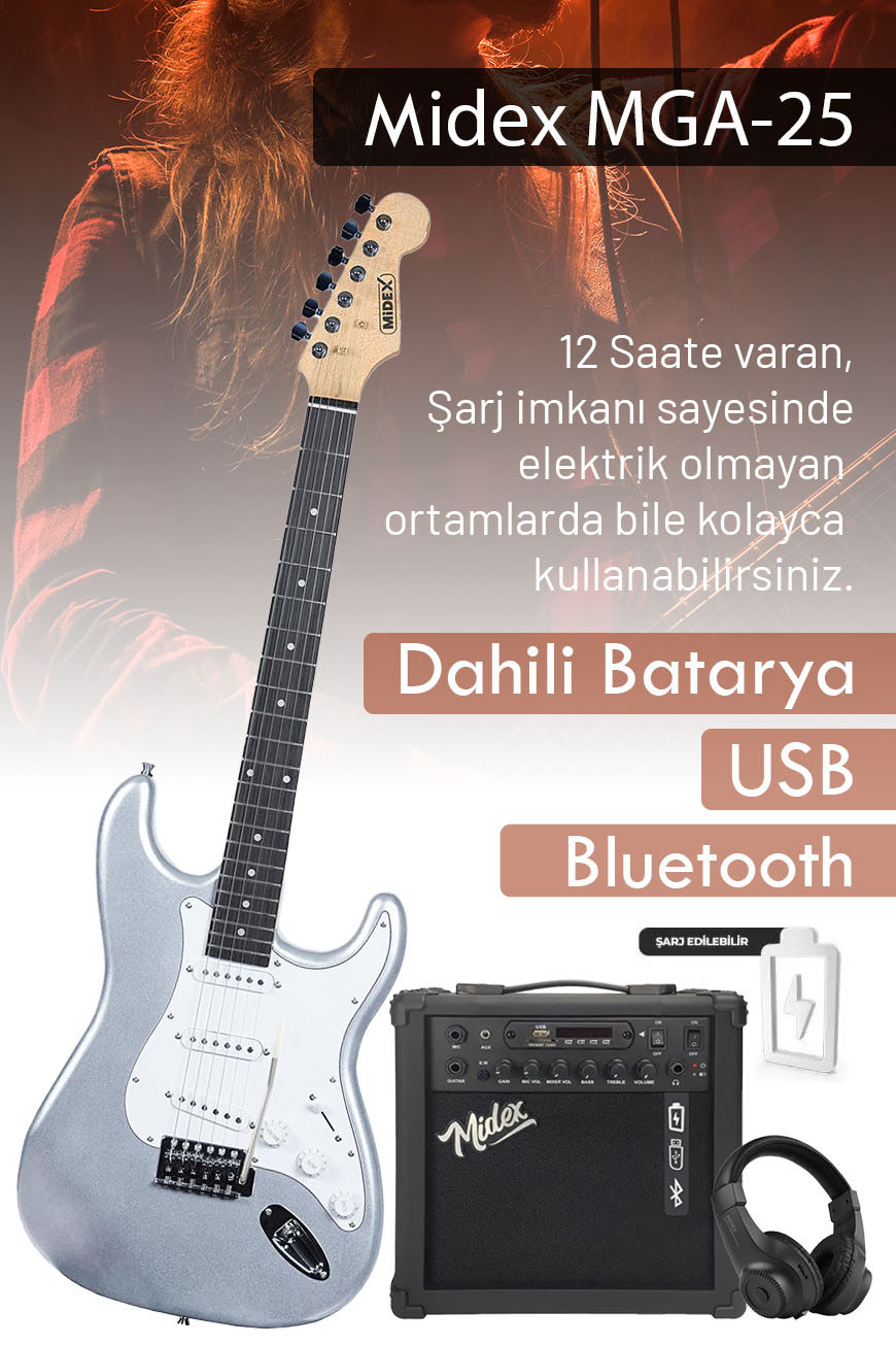 Midex RPH-30SL-25AMP Gül Klavye SSS 25W Amfili Elektro Gitar Seti