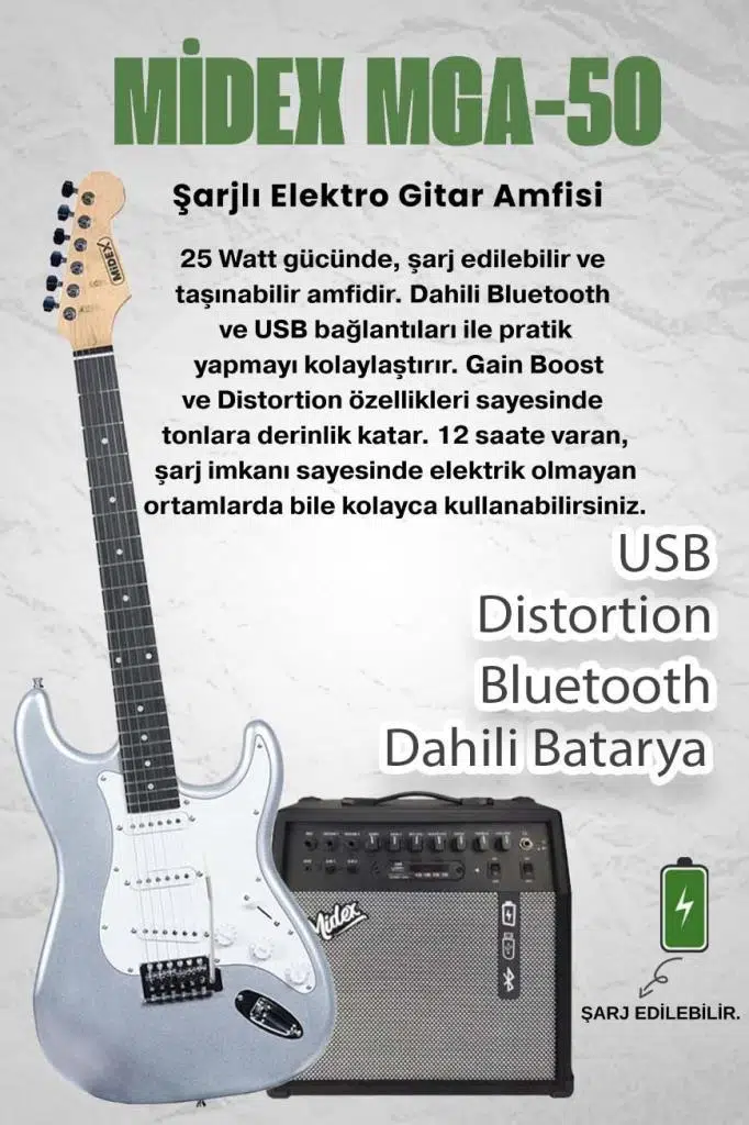 Midex RPH-30SL-50AMP Gül Klavye SSS 50W Amfili Elektro Gitar Seti