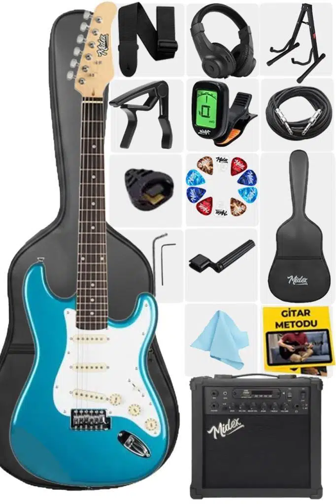 Midex RPH-30TR-25AMP Turkuaz Renk Strat Kasa SSS 25W Amfili Elektro Gitar Seti