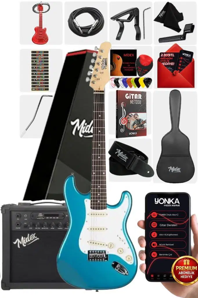 Midex RPH-30TR-25AMP Turkuaz Renk Strat Kasa SSS 25W Amfili Elektro Gitar Seti