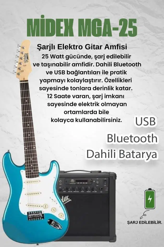 Midex RPH-30TR-25AMP Turkuaz Renk Strat Kasa SSS 25W Amfili Elektro Gitar Seti