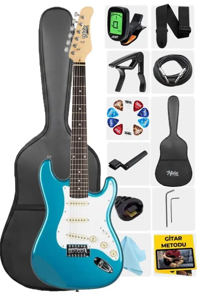 Midex RPH-30TR Turkuaz Renk Gül Klavye Strat Kasa SSS Elektro Gitar Seti
