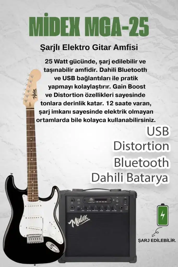 Midex RPH-30WB-25AMP Gül Klavye SSS 25W Amfili Elektro Gitar Seti