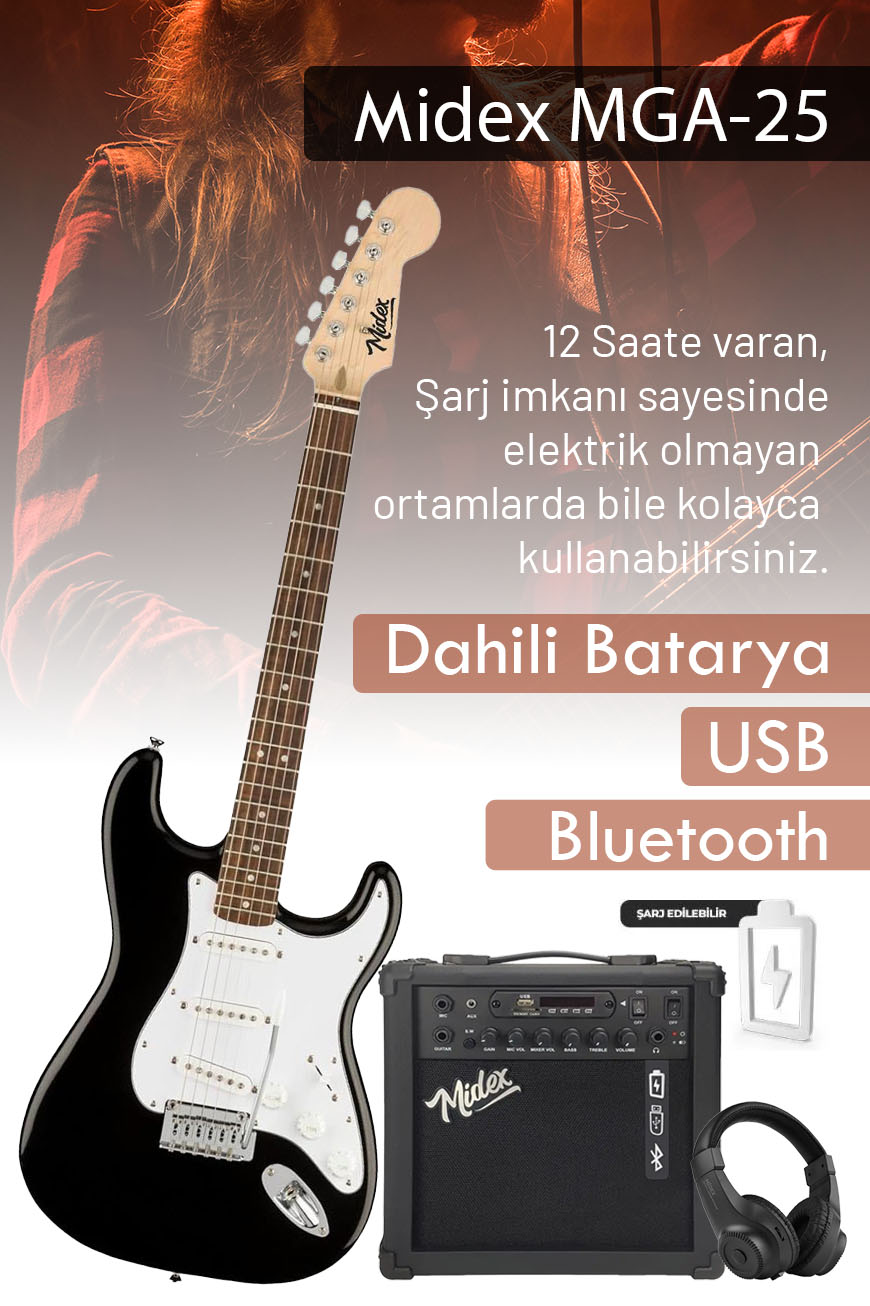Midex RPH-30WB-25AMP Gül Klavye SSS 25W Amfili Elektro Gitar Seti
