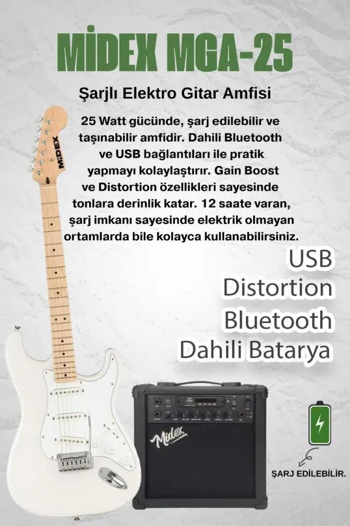Midex RPH-30WH-25AMP Maple Klavye SSS 25W Amfili Elektro Gitar Seti