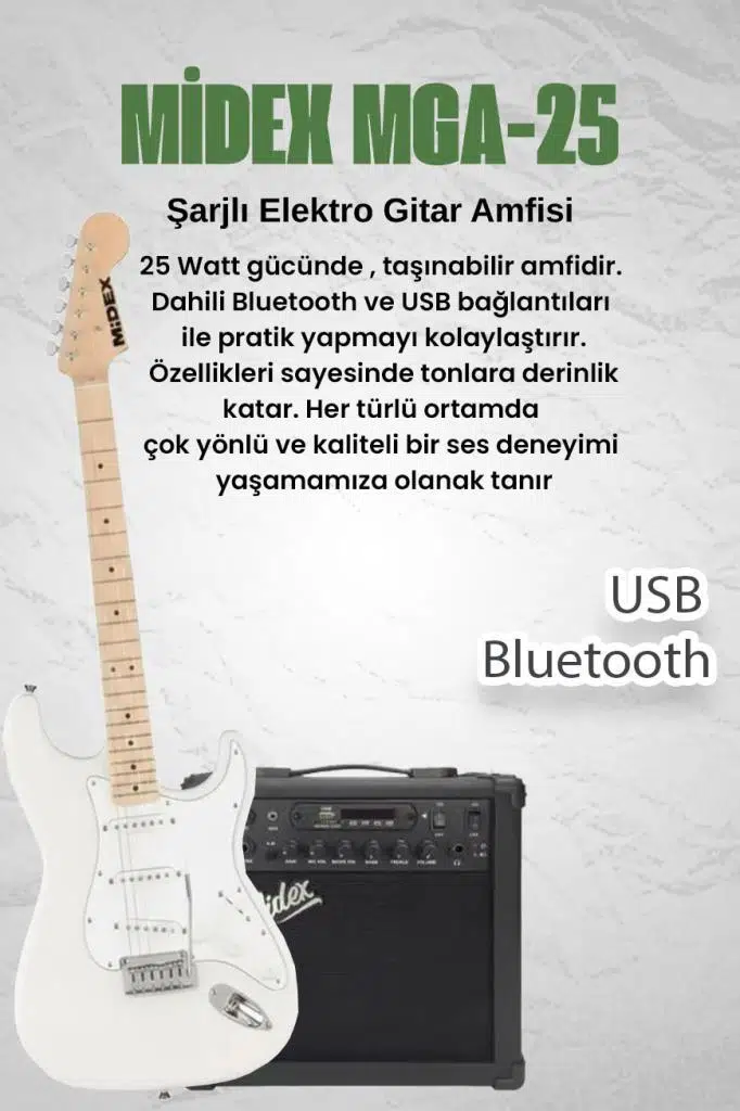 Midex RPH-30WH-25AMP Maple Klavye SSS 25W Amfili Elektro Gitar Seti