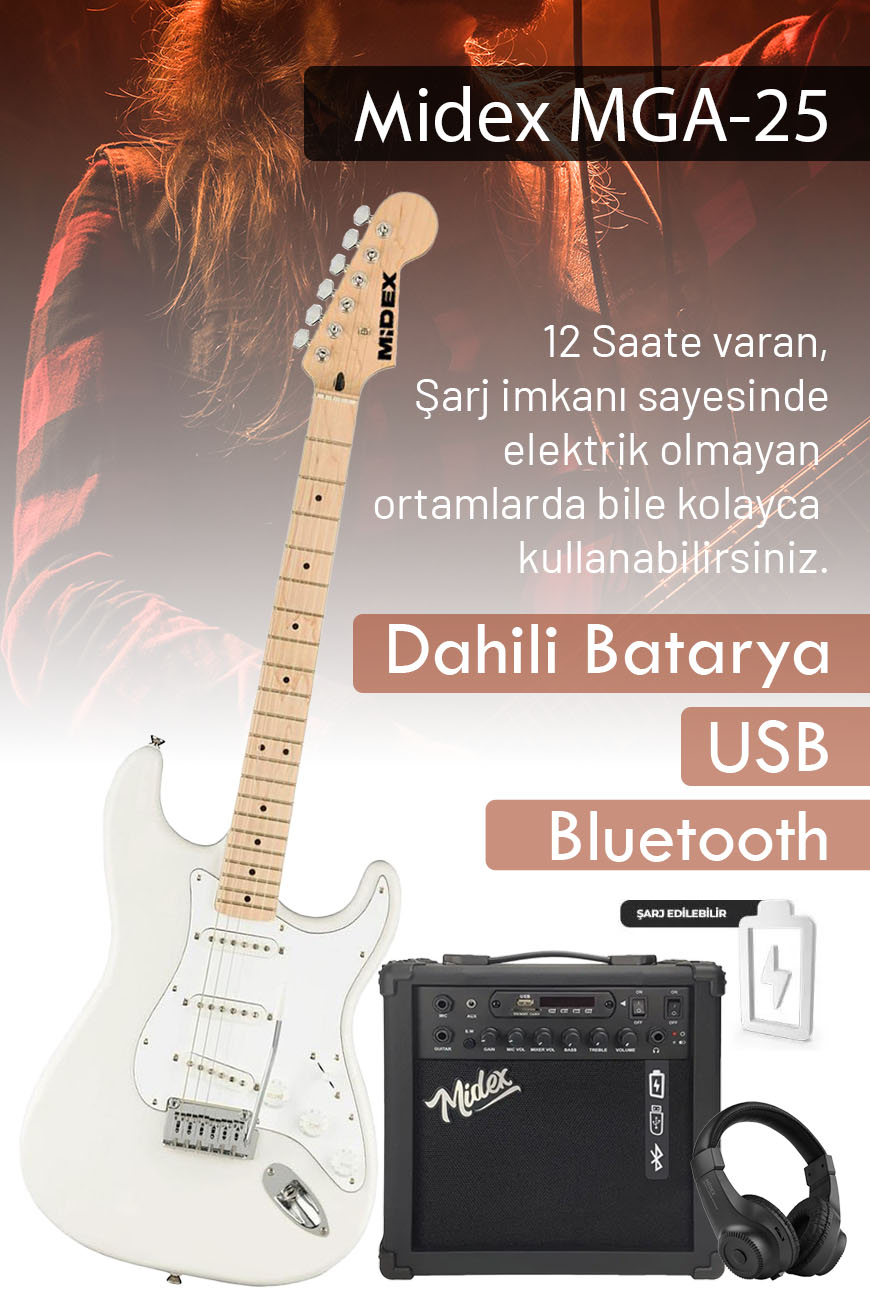 Midex RPH-30WH-25AMP Maple Klavye SSS 25W Amfili Elektro Gitar Seti