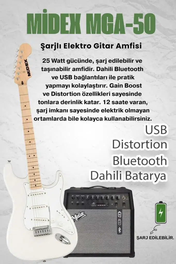 Midex RPH-30WH-50AMP Maple Klavye SSS 50W Amfili Elektro Gitar Seti