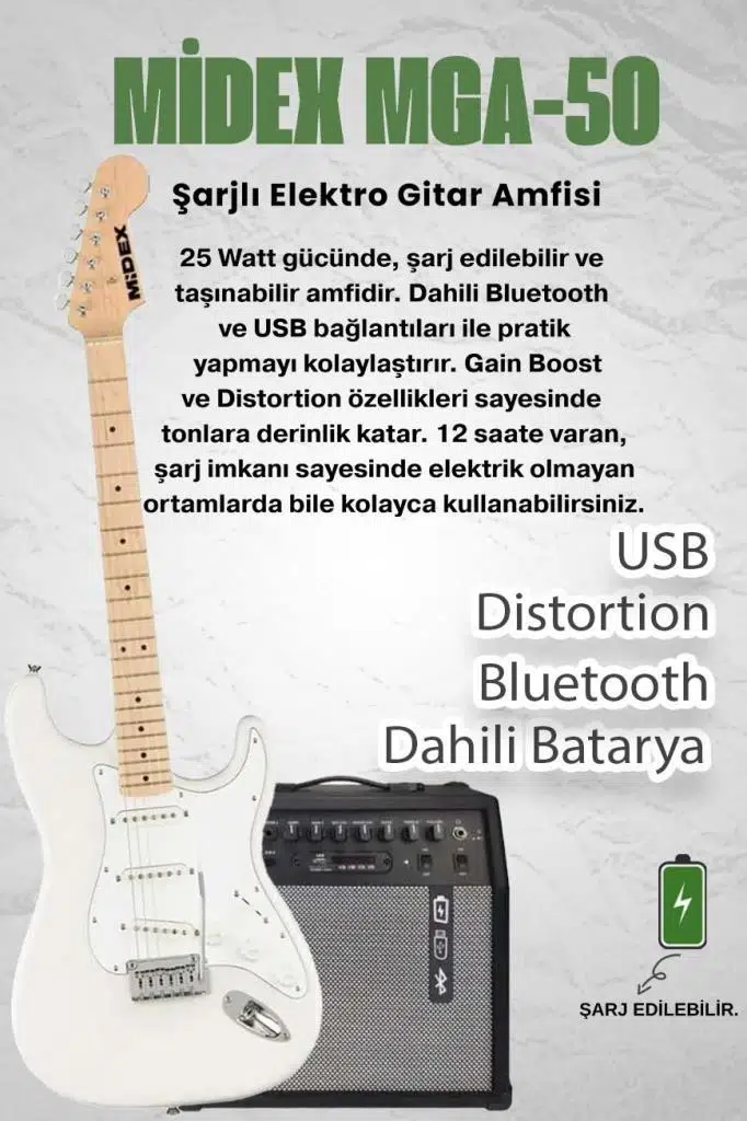 Midex RPH-30WH-50AMP Maple Klavye SSS 50W Amfili Elektro Gitar Seti
