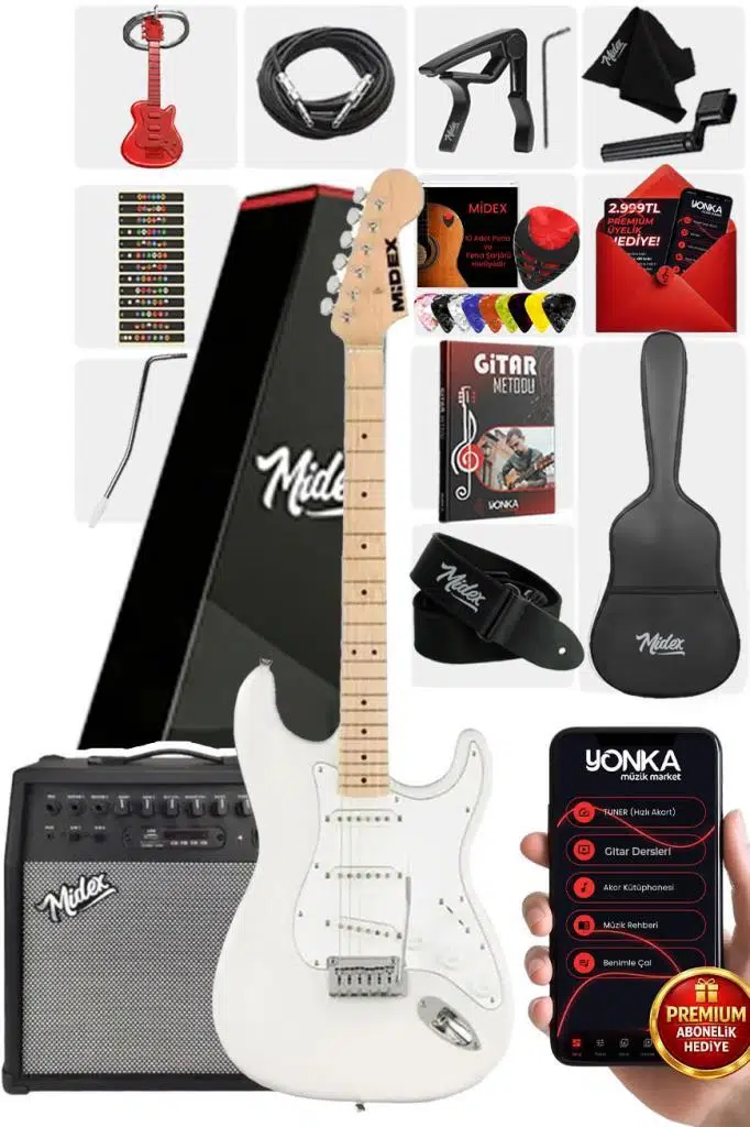 Midex RPH-30WH-50AMP Maple Klavye SSS 50W Amfili Elektro Gitar Seti