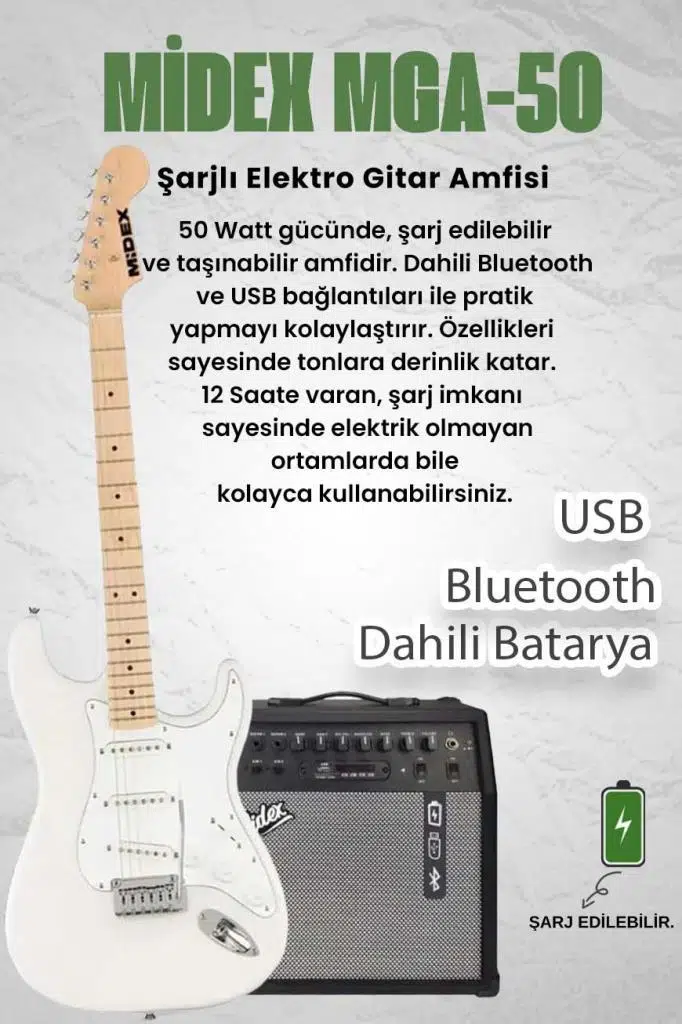 Midex RPH-30WH-50AMP Maple Klavye SSS 50W Amfili Elektro Gitar Seti