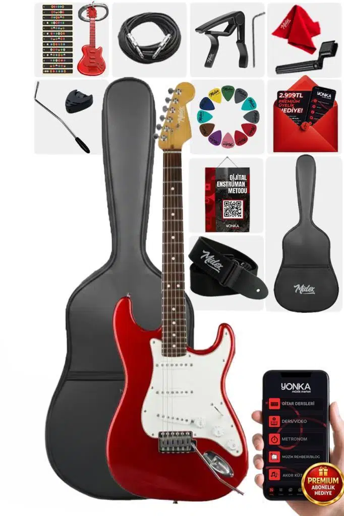 Midex RPH-30WRD Kırmızı Renk Gül Klavye Strat Kasa SSS Elektro Gitar Seti