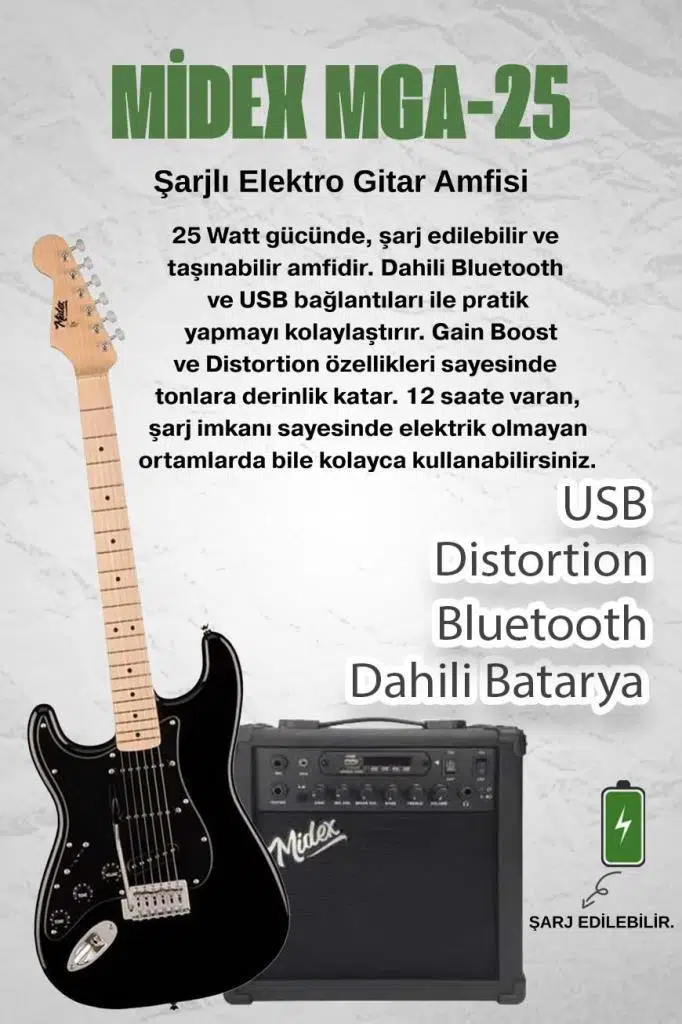 Midex RPH-31BK-25AMP Solak Elektro Gitar 25W Amfili Full Set