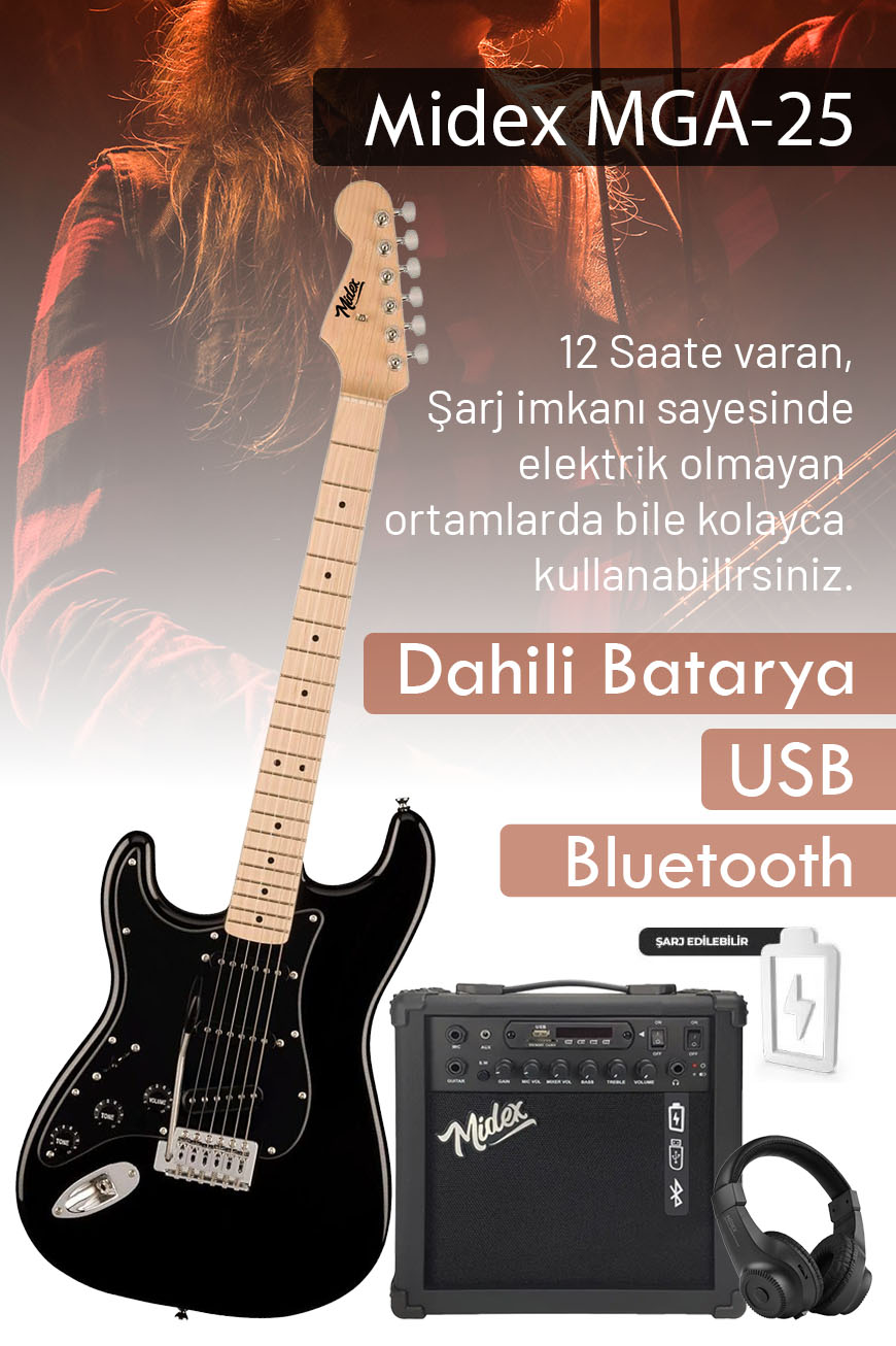 Midex RPH-31BK-25AMP Solak Elektro Gitar 25W Amfili Full Set