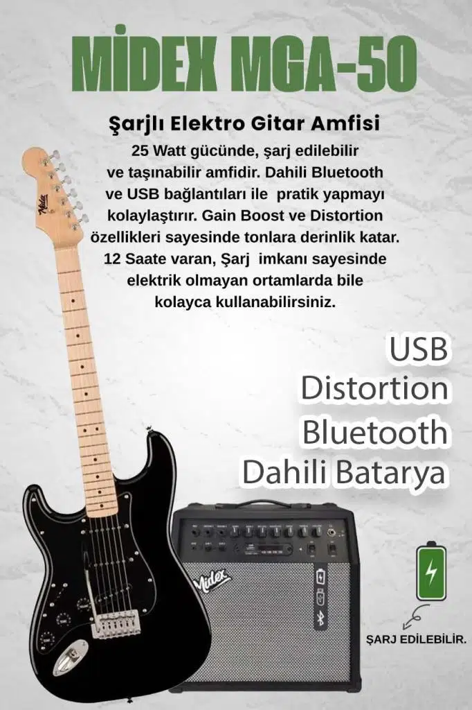 Midex RPH-31BK-50AMP Solak Elektro Gitar 50W Amfili Full Set