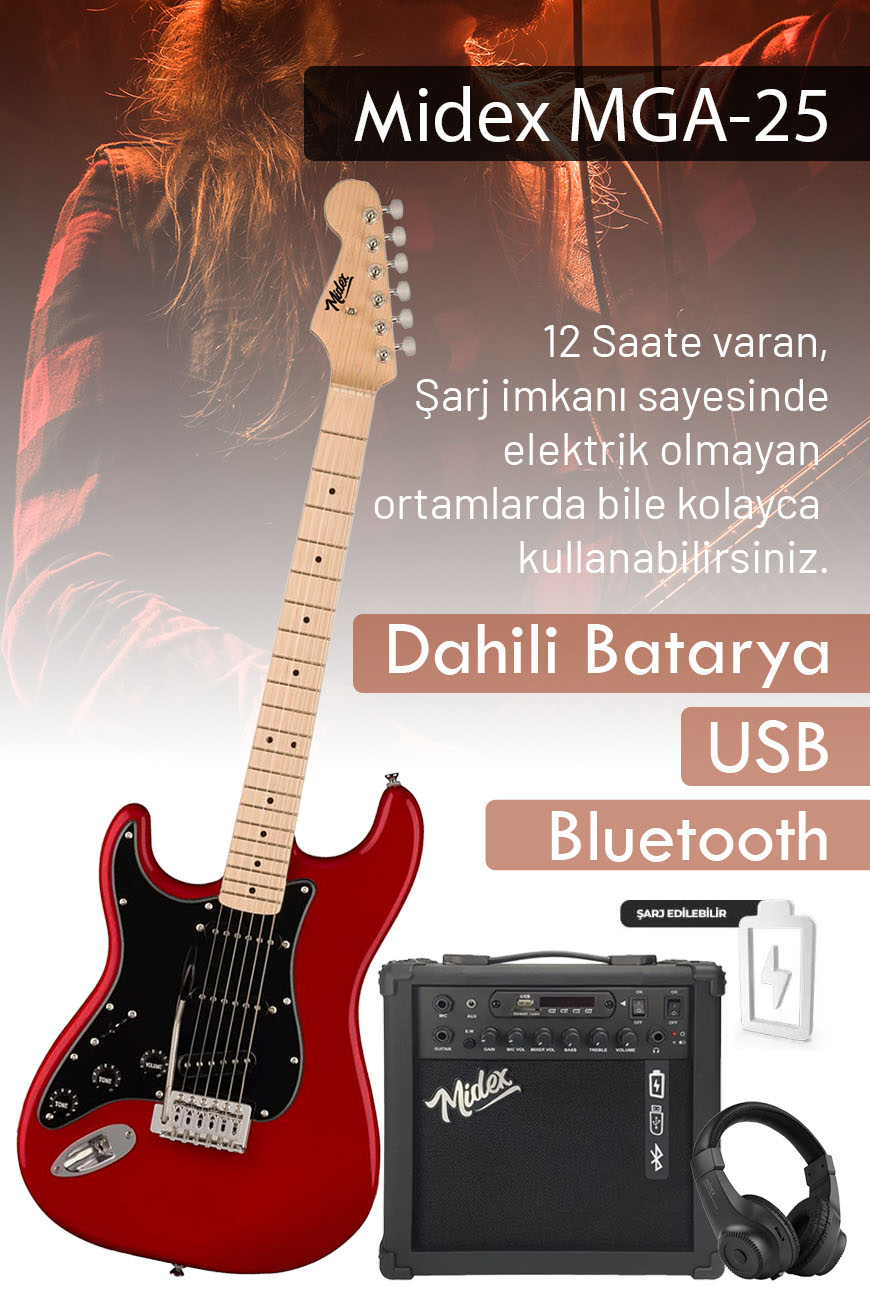 Midex RPH-31RD-25AMP Solak Elektro Gitar 25W Amfili Full Set