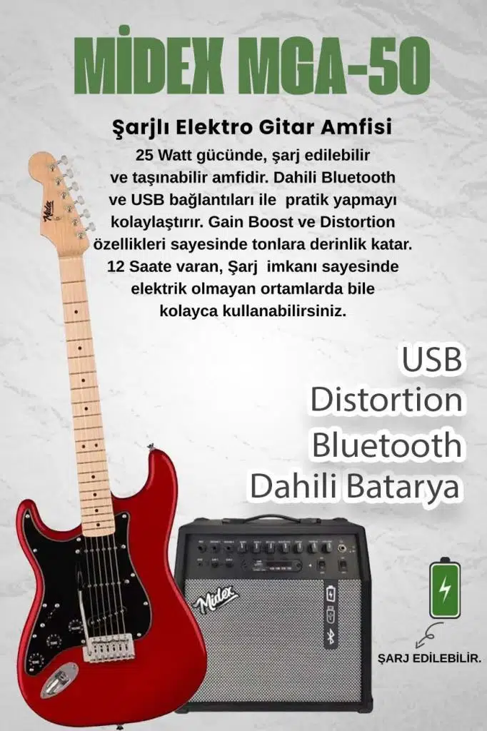 Midex RPH-31RD-50AMP Solak Elektro Gitar 50W Amfili Full Set